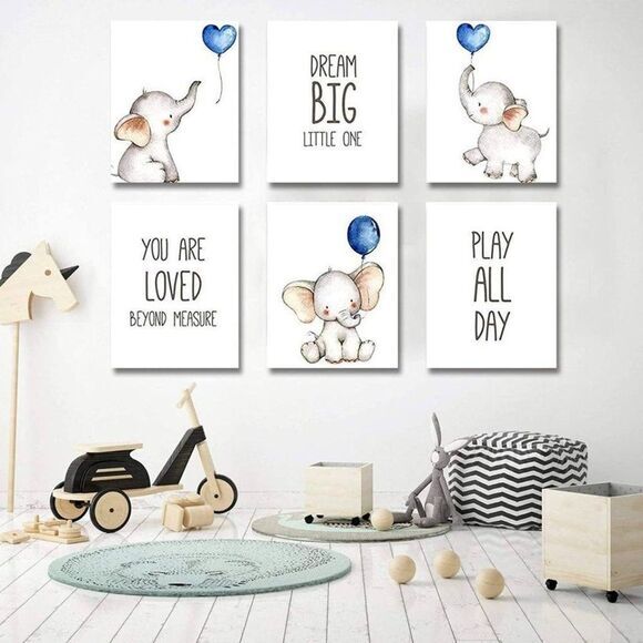 Set of 6 Unframed Baby Boy Nursery Wall Art Prints, Blue Elephant Nursery Wall - Picture 2 of 7